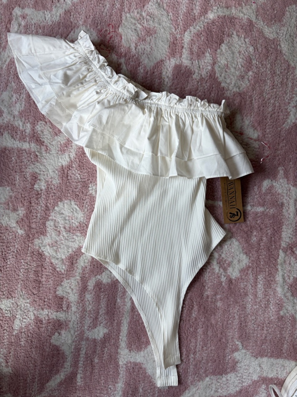 Flying Tomato White One-Shoulder Ruffle Ribbed Bodysuit